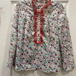 Mary Marshmallow 100% Cotton Floral Ruffle-Trim Blouse in White with Red Accents